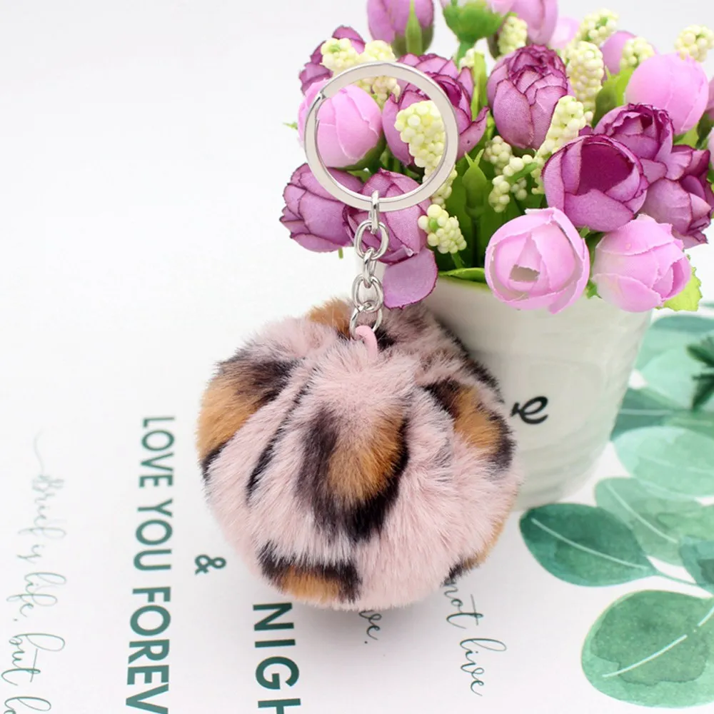 Leopard pink 30 цветов пушистый мех помпон брелки мягкий искусственный мех кролика рекс мяч автомобильный брелок помпон Брелки для женщин сумка Подвеска ювелирные изделия Diy - Цвет: Leopard pink