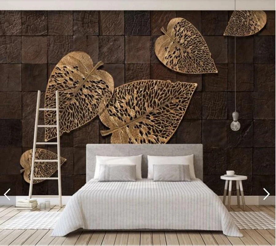 

Custom 3d papel de parede, vintage wood grain golden leaves murals for living room bedroom dining room background home decor wal