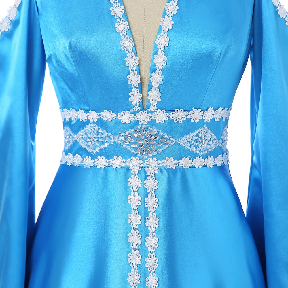 

Blue Muslim Evening Dresses A-line V-neck Long Sleeves Lace Bead Islamic Dubai Kaftan Scarf Saudi Arabic Long Evening Gown