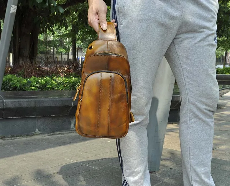 light brown Мужская качественная кожаная повседневная треугольная нагрудная сумка на лямках " планшет дизайн Одна сумка через плечо модная сумка через плечо рюкзак мужской 8010bu - Цвет: light brown