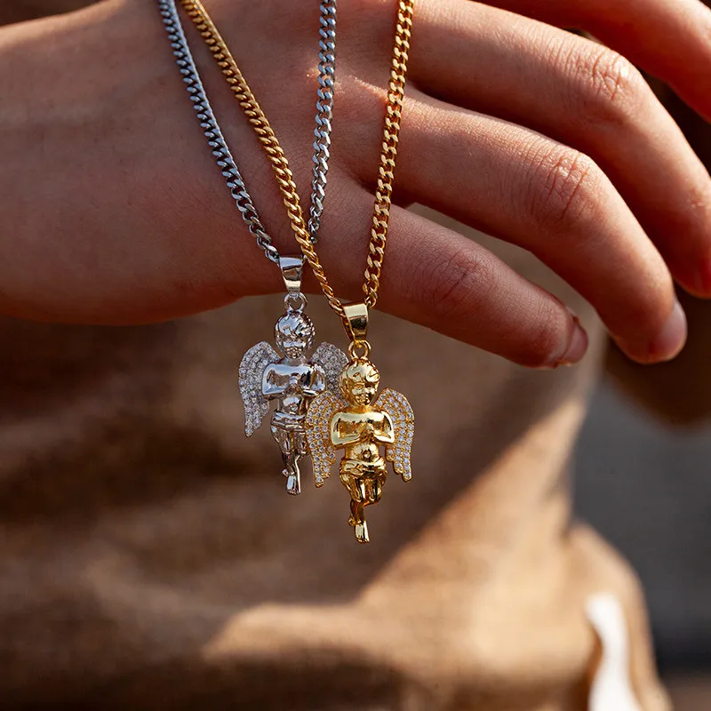 Iced Out Крылья Ангел кулон ожерелье для мужчин женщин подарки 2 цвета AAA циркон хип