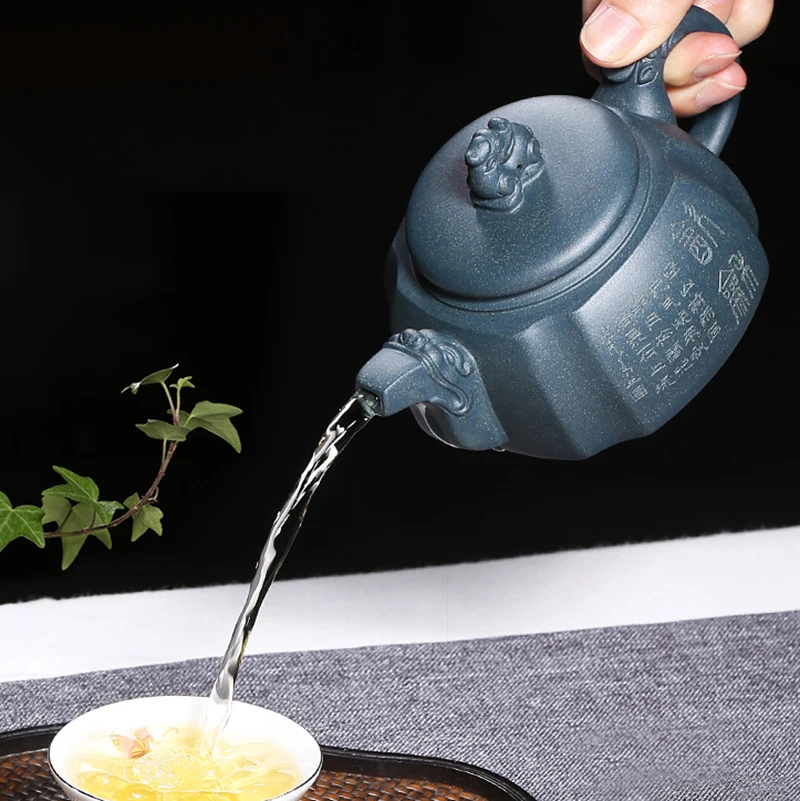 

280ml Yixing Authentic Green Mud Zi Sha Pot Handmade Engraving Word Teapot Vintage Teaware 13 Holes Purple Clay Pot Teaware Gift