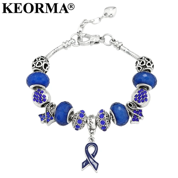 blue Keorma Рак молочной железы осведомленности розовая лента кулон сердце змея цепи регулируемый браслет и Браслеты Для женщин подарок на день матери - Окраска металла: blue