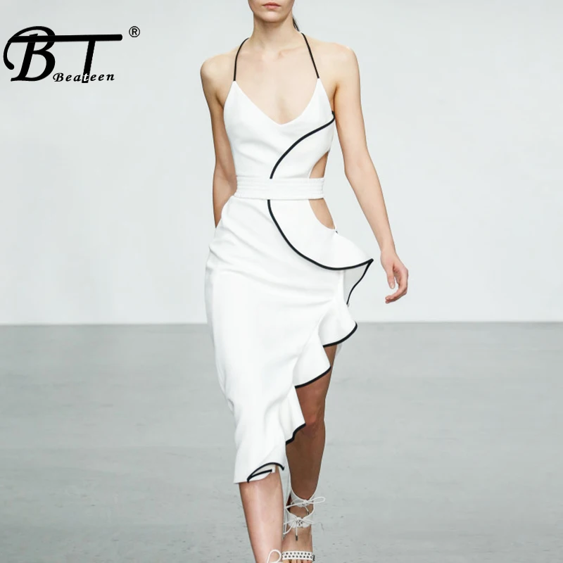 Beateen 2019 New Fashion Spaghtti Strap Sleeveless Bandage Hollow Out Waistline Split Ruffled Hem Party Midi Dress | Женская одежда