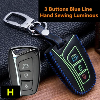 H-blue Светящийся дистанционный Чехол для автомобильного смарт-ключа для hyundai Fob IX45 Santa Fe Tucson Кожаный Автомобильный Брелок для ключей, держатель для ключей, чехол для сумки - Название цвета: H-blue