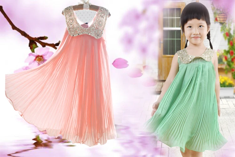 Hot sale! 2019 Summer Girls Pleated Chiffon One-Piece Dress With Paillette Collar Children Colthes For Kids Baby Pink/Green | Детская