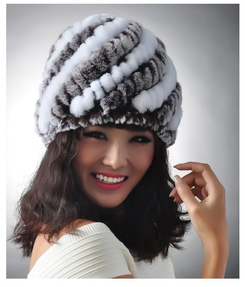 Новинка вязаная натуральная шапка из меха кролика Рекс головной убор женская
