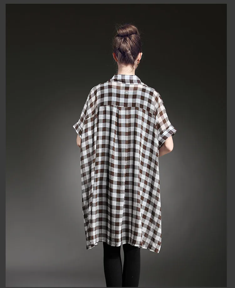 DZZYFJC Женщины plaid блузка С Длинным рубашка Плюс размер Летом Шифона кнопки с