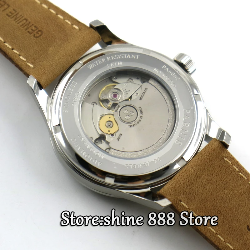 42 мм parnis белый циферблат верблюжий ремешок Многофункциональный сапфировое