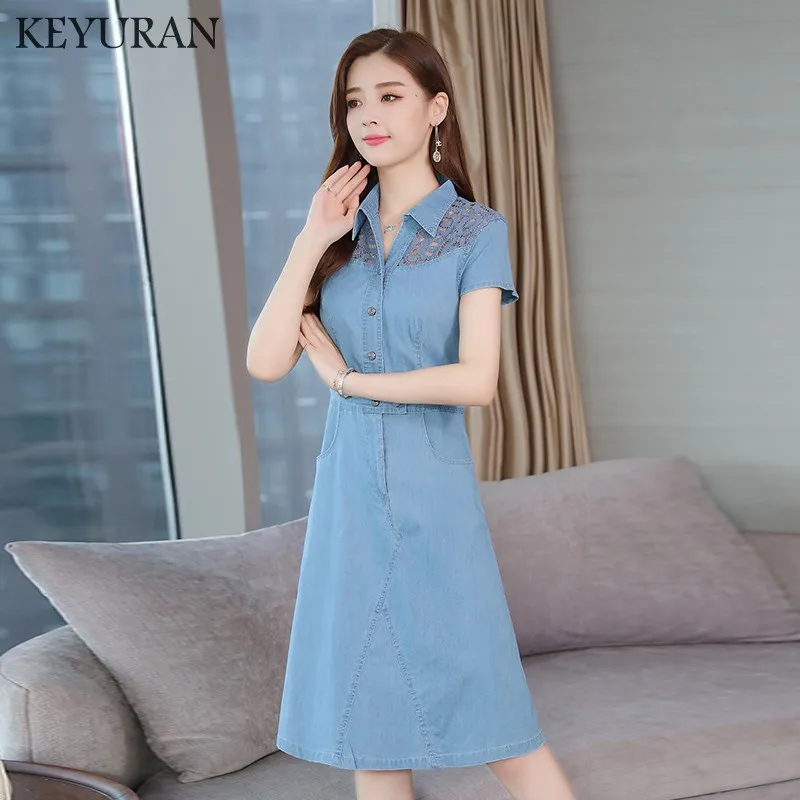 2019 Новое поступление кружевные лоскутные летние женские джинсовые платья с