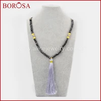 borosa 10pcs handmade 31inch leather larvikite dalmatian jaspers beaded gray tassel necklace drusy jewelry for women g1548