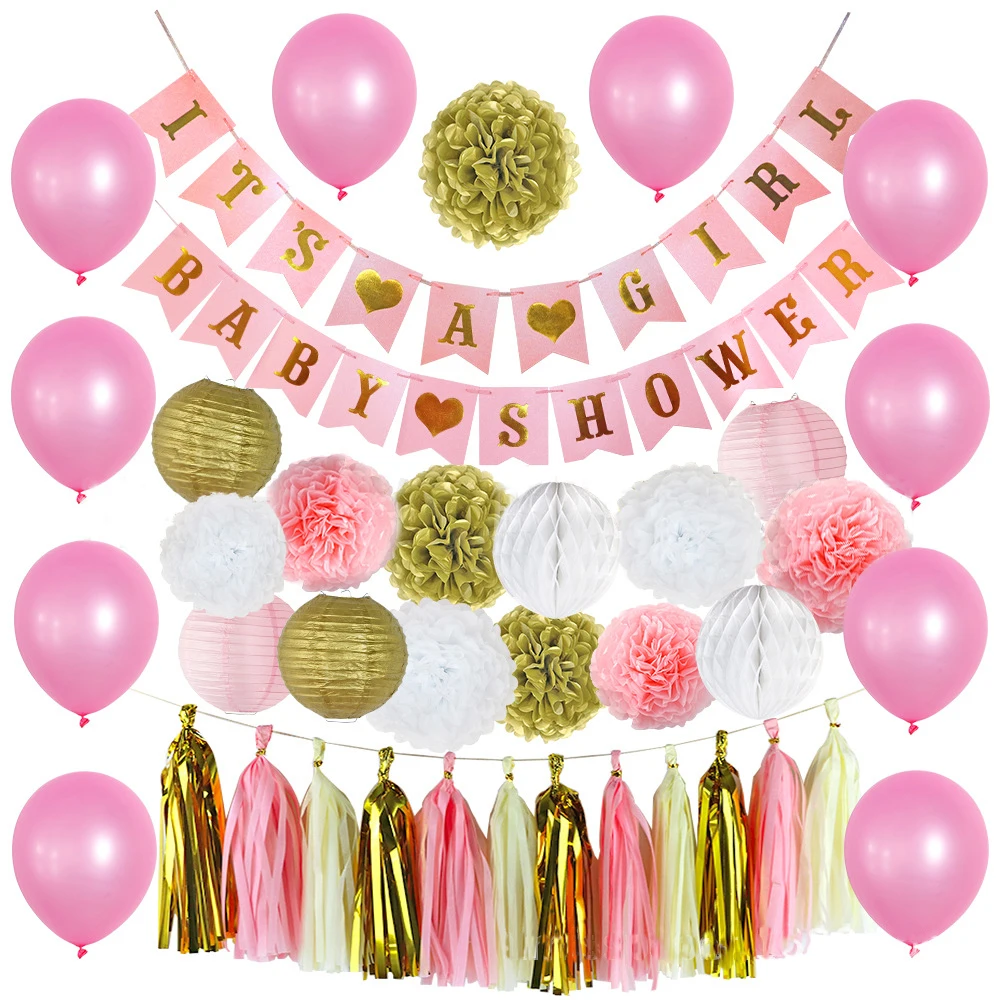 

IT'S A GIRL Banner Baby Shower Decoration Set Tissue Paper Tassel Garland Paper Flowers Paper Lantern Balloon for Birthday Party