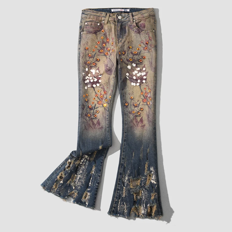 Повседневные женские джинсы с принтом бусинами блестками рваными дырками