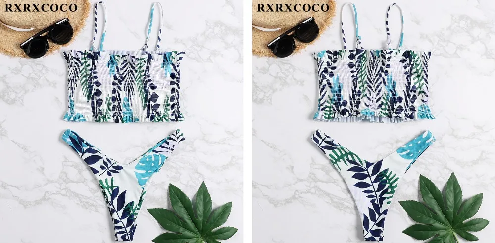 RXRXCOCO купальники для женщин купальник Smocking бикини с высокой талией набор бикини напечатан летний купальник с рюшами пляжная одежда