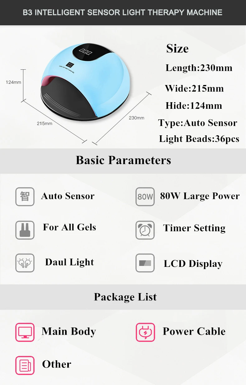 Hot LED UV Nail Lamp B3 Colorful 80W Manicure 36 LEDs Machine UV Nail Dryer Ice Nagel Lamp SUN Light Fast Curing All Gel Varnish