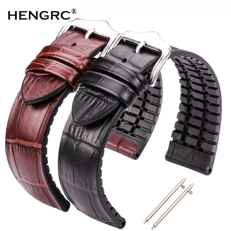 Genuine Leather Watchband Men Women Rubber Silicone Waterproof Breathable Watch Band Strap Buckle Clock Accessories 18 20 22mm