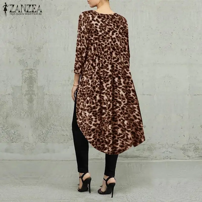 Plus Size ZANZEA Printed Tunic Tops Autumn Sexy Leopard Blouse Women Casual Long Sleeve Party Irregular Shirt Female Blusas