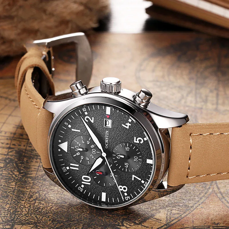 Multi-function мужские часы Популярные Кварцевые в деловом и повседневном стиле кожа