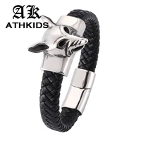 fashion fox mental accessories men leather bracelet stainless steel magnetic buckle bracelets man cuff jewelry bangle pd0279