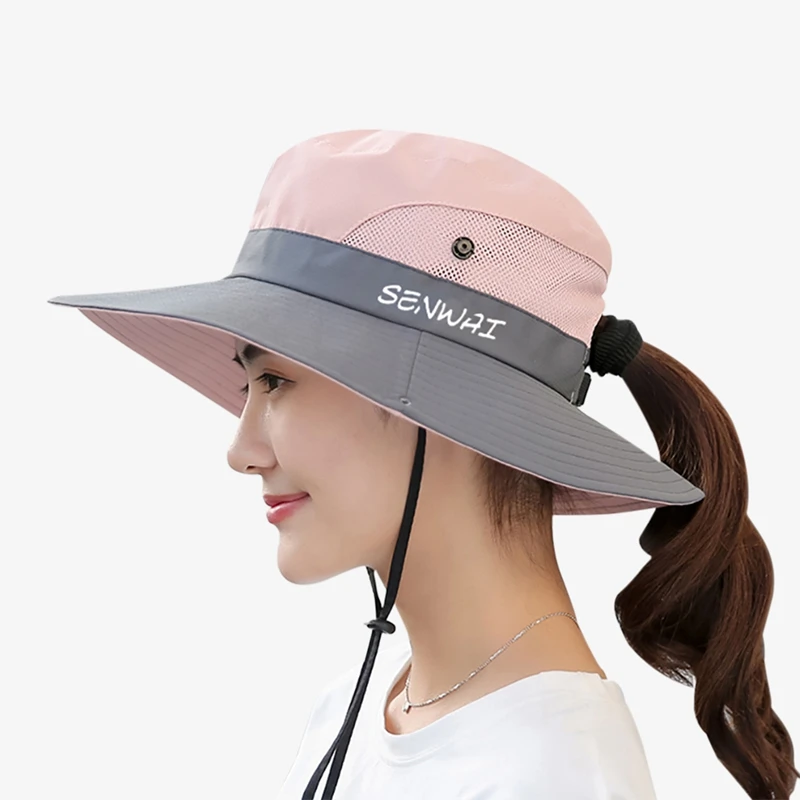 Pink Outdoor Hiking Wide Brim Bucket Hat Women Quick Drying Breathable Packable Sunshade UV-proof Ponytail Cap With Chain Strap - Цвет: Pink