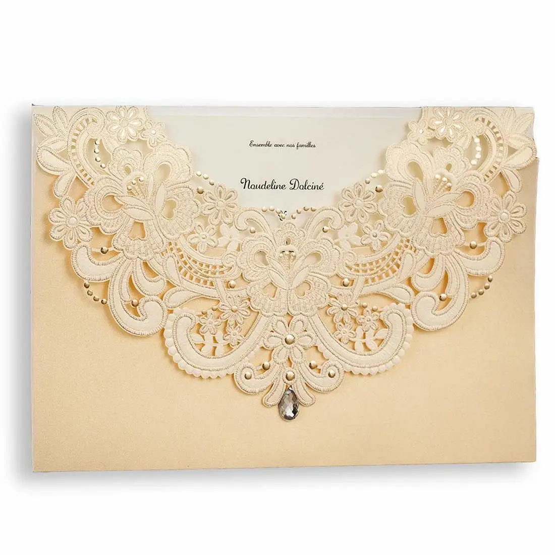 

50Pcs Champagne Gold Shimmer Pearl Laser Cut Flora & Lace Wedding Invitations With Rhinestone Matched With RSVP & Thank You Card