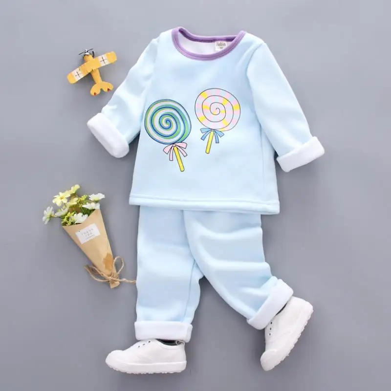 

2019 Girls Baby Kids Velvet Clothing Sets Children Lollipop Printing Warm Blouse Shirt Pants Winter Autumn Clothes Suit1-4y