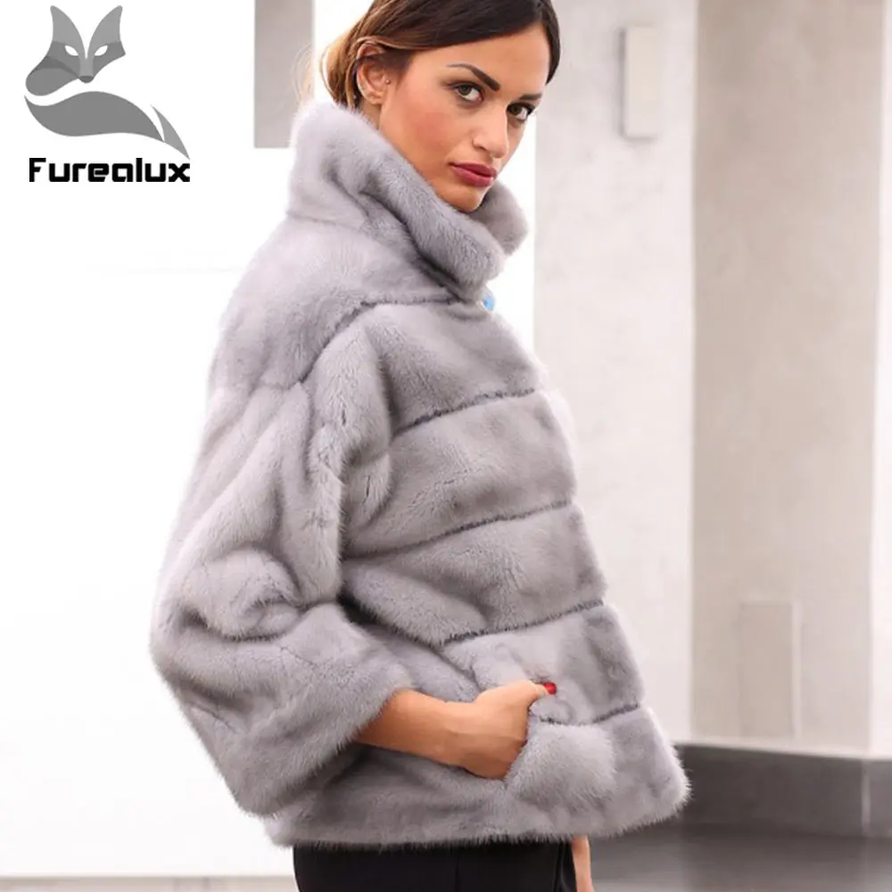 Шуба из норки Furealux, шуба из натурального меха, шуба с воротником-стойкой, шуба из цельной кожи норки, короткая шуба из натурального меха норки, модная шуба из натурального меха