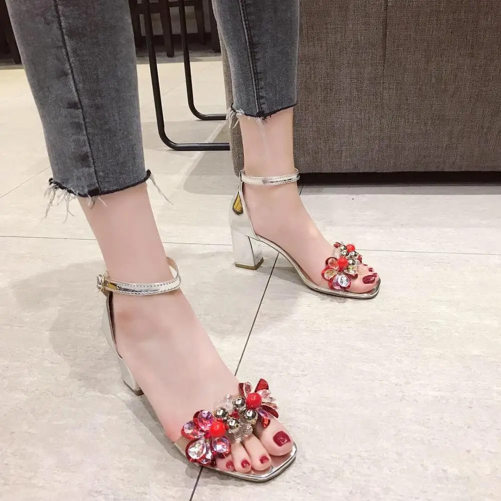 Классические босоножки Летняя женская обувь Босоножки со стразами на высоком