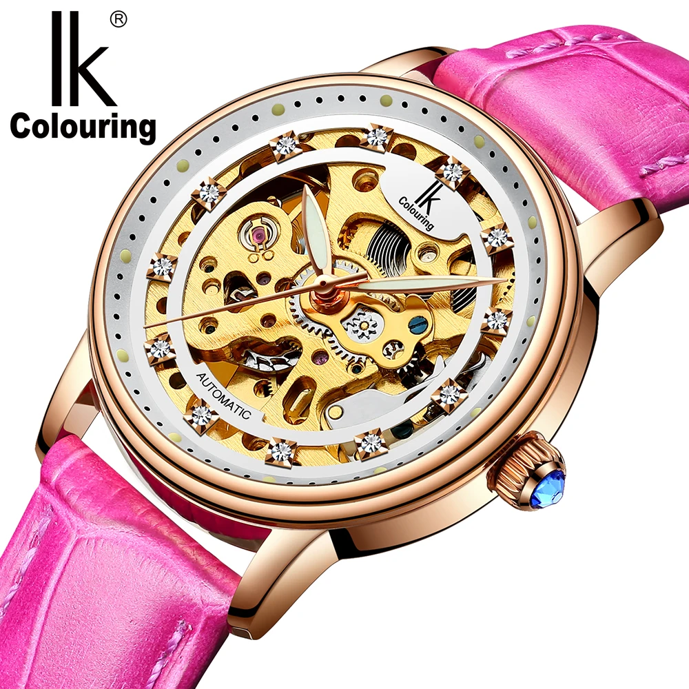 IK coloring Reloj Mujer Розовое Золото Скелет автоматические механические Роскошные Кристальные кожаный ремешок женские наручные часы