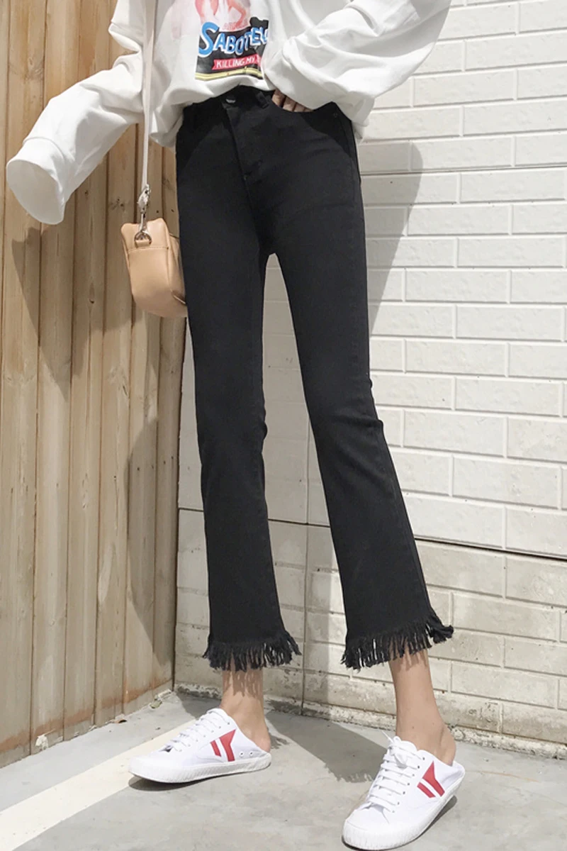 Womens Trousers Flare Tassel Embllished Harajuku Calca Black Denim Jeans Feminina Stretchy Ropa Verano Mujer Ulzzang Pants |
