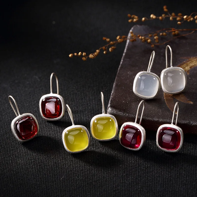 

S990 silver Zuyin retro minimalist matte Chalcedony Sterling Silver Vintage earrings earrings
