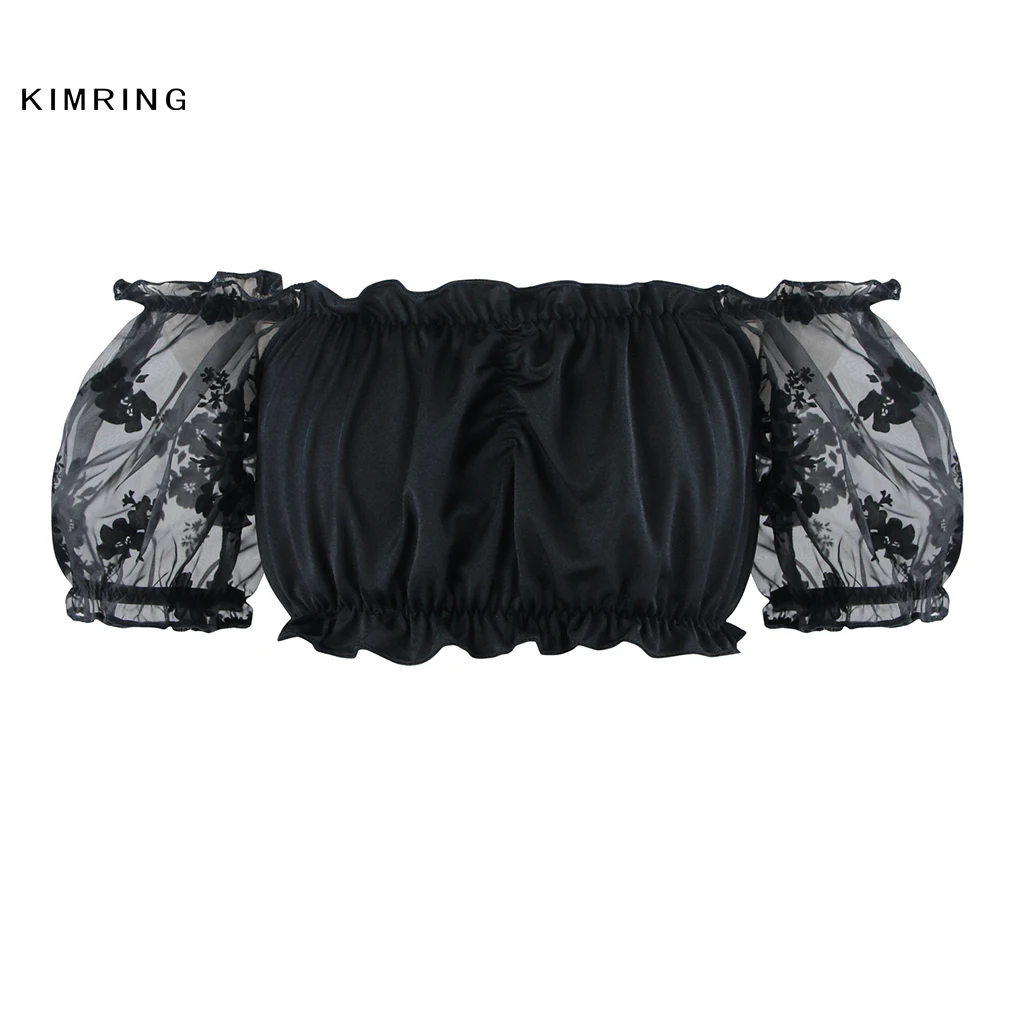 Женский топ с открытыми плечами Kimring черный укороченный коротким рукавом