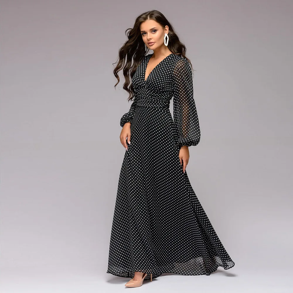 

Boho chic polka dot dress sukienka Women v neck long sleeve high waist chiffon summer maxi dress frocks Vintage black long dress