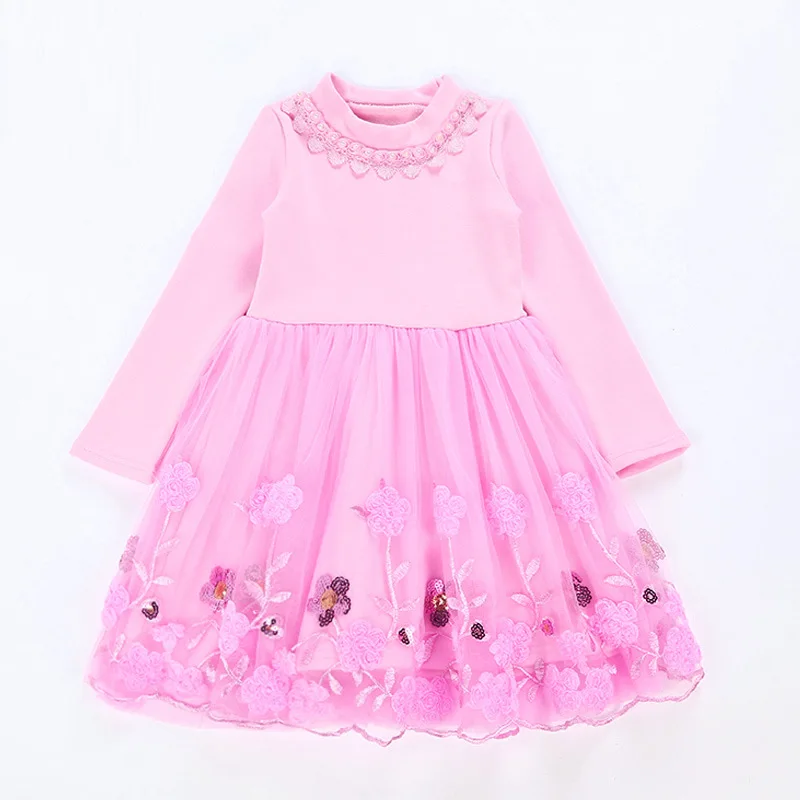 Осенняя одежда для девочек повседневные кружевные платья с цветочной