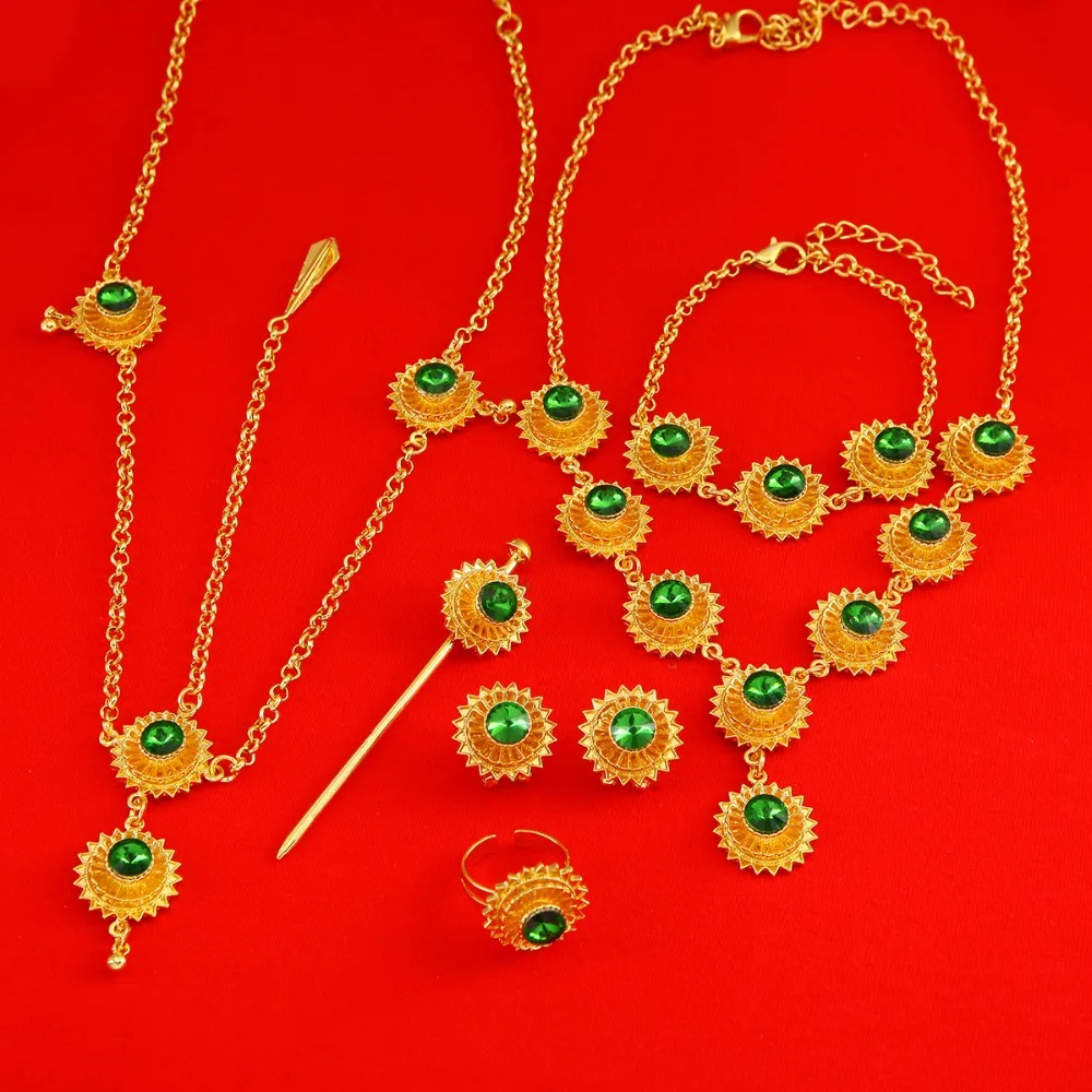Ethiopian African Wedding New Cross Necklace Earrings Ring Bracelet Hairpin Hair Chain Accessory Jewelry Sets | Украшения и