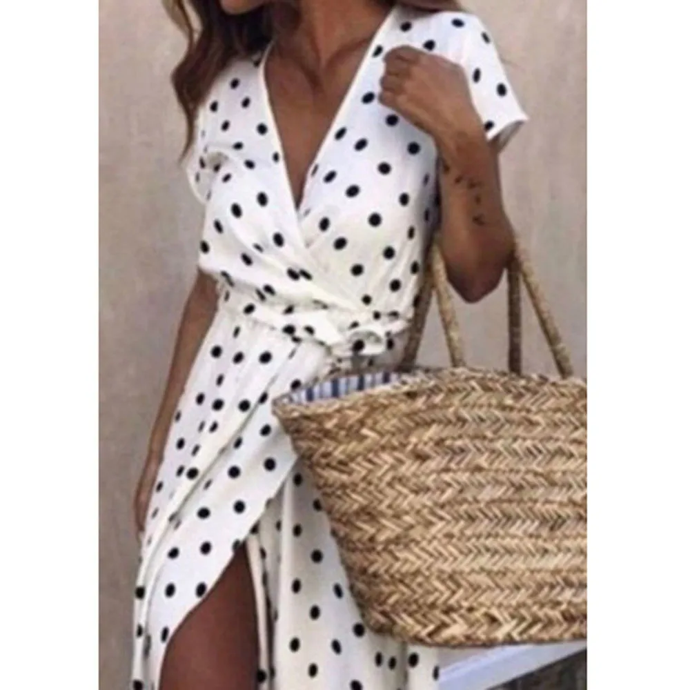 Женское шифоновое платье бохо длинное пляжное макси в горошек с v образным