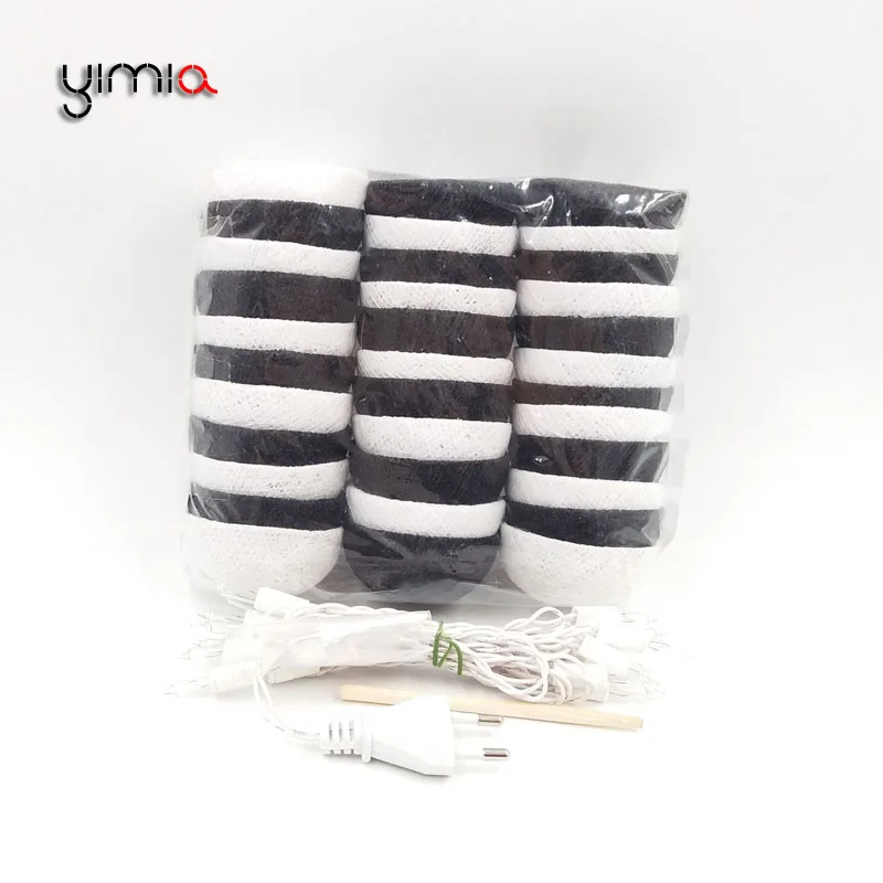 Черно-белые светящиеся хлопковые шарики 3 м 30 на батарейках светодиодный