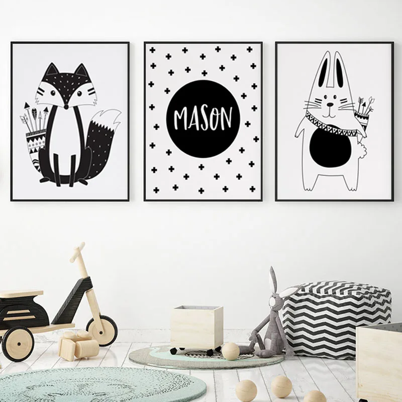 

Nursery Baby Room Wall Art Canvas Painting Tribal Fox Rabbit Cartoon Animal Print Poster Custom Personal Name Kids Decor Picture