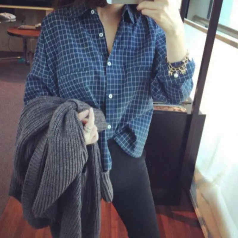 COCKCON Fashion women's Retro Temperament Check Printed Loose Lapel Shirt long-sleeved Casual Wild Top V3 |
