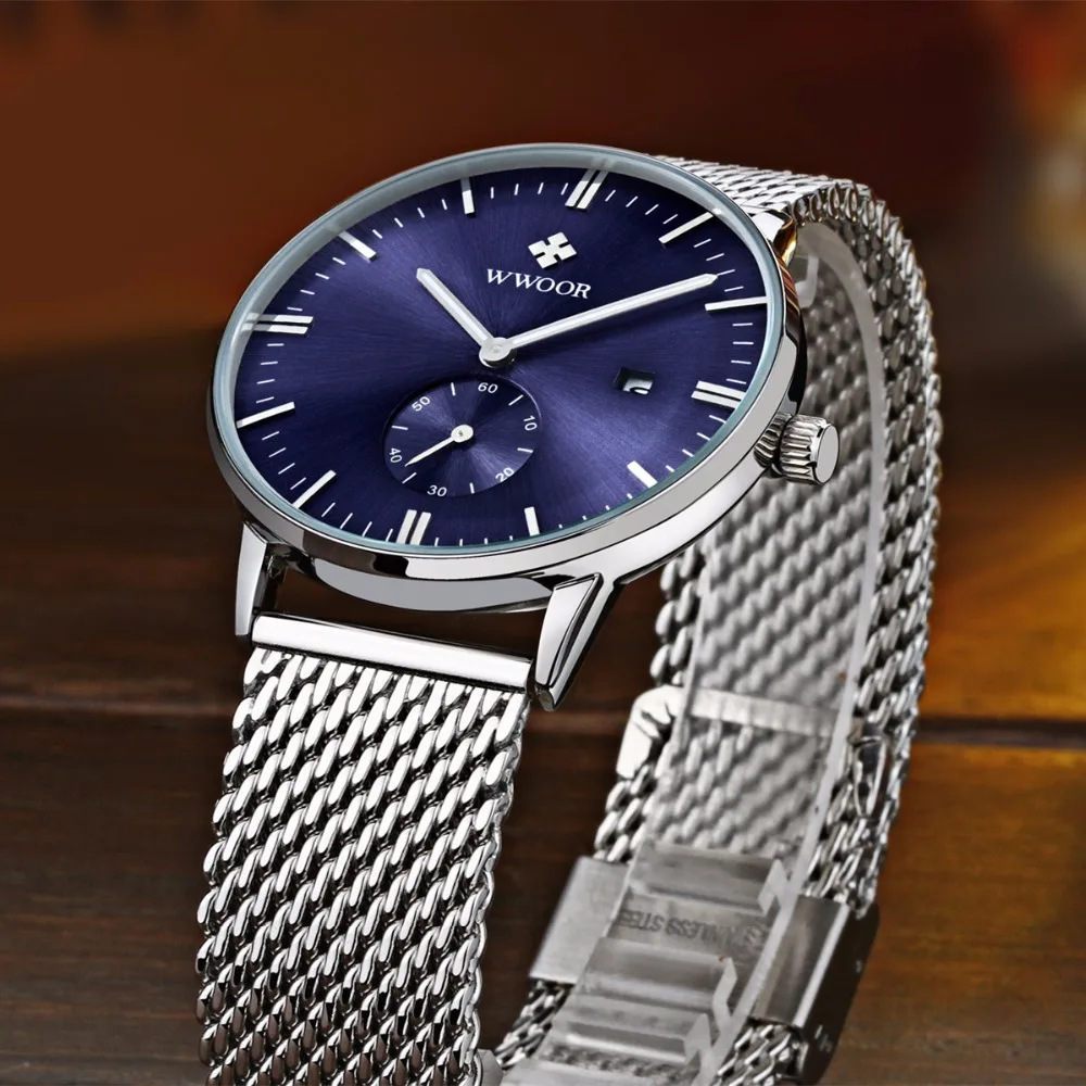 relojes hombre 2018 WWOOR brand Date Clock Male Waterproof Quartz Watch Men Silver Steel Mesh Strap Luxury Casual Wrist | Наручные часы