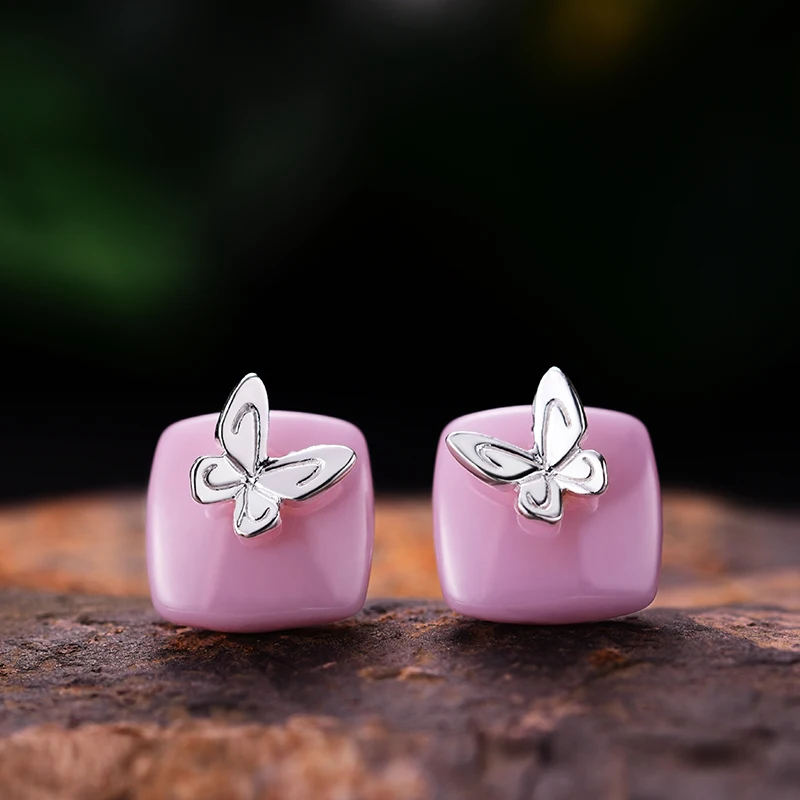 Lotus весело Настоящее стерлингового серебра 925 природных керамика творческий ручной работы Fine Jewelry Прекрасная бабочка серьги стержня для Для женщин