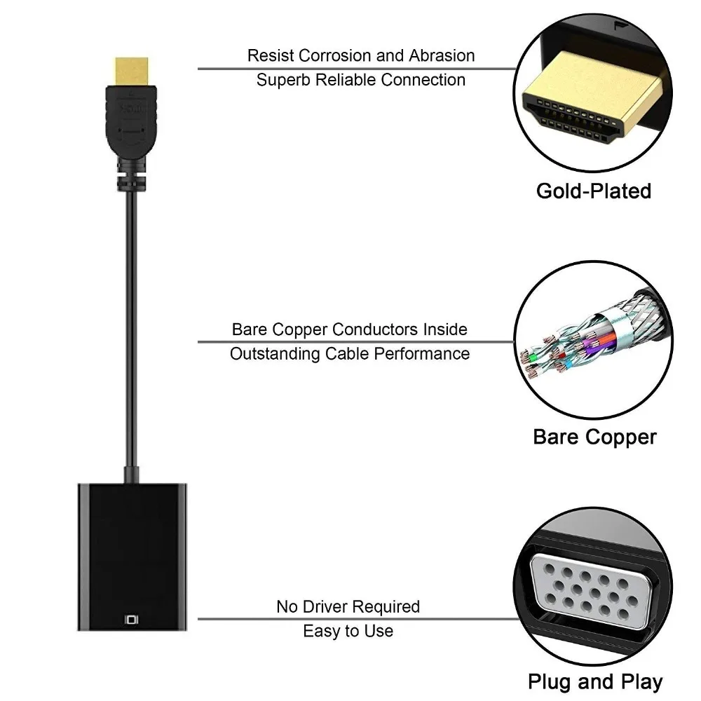 HDMI в VGA с аудио кабелем и дополнительным адаптером питания USB позолоченный