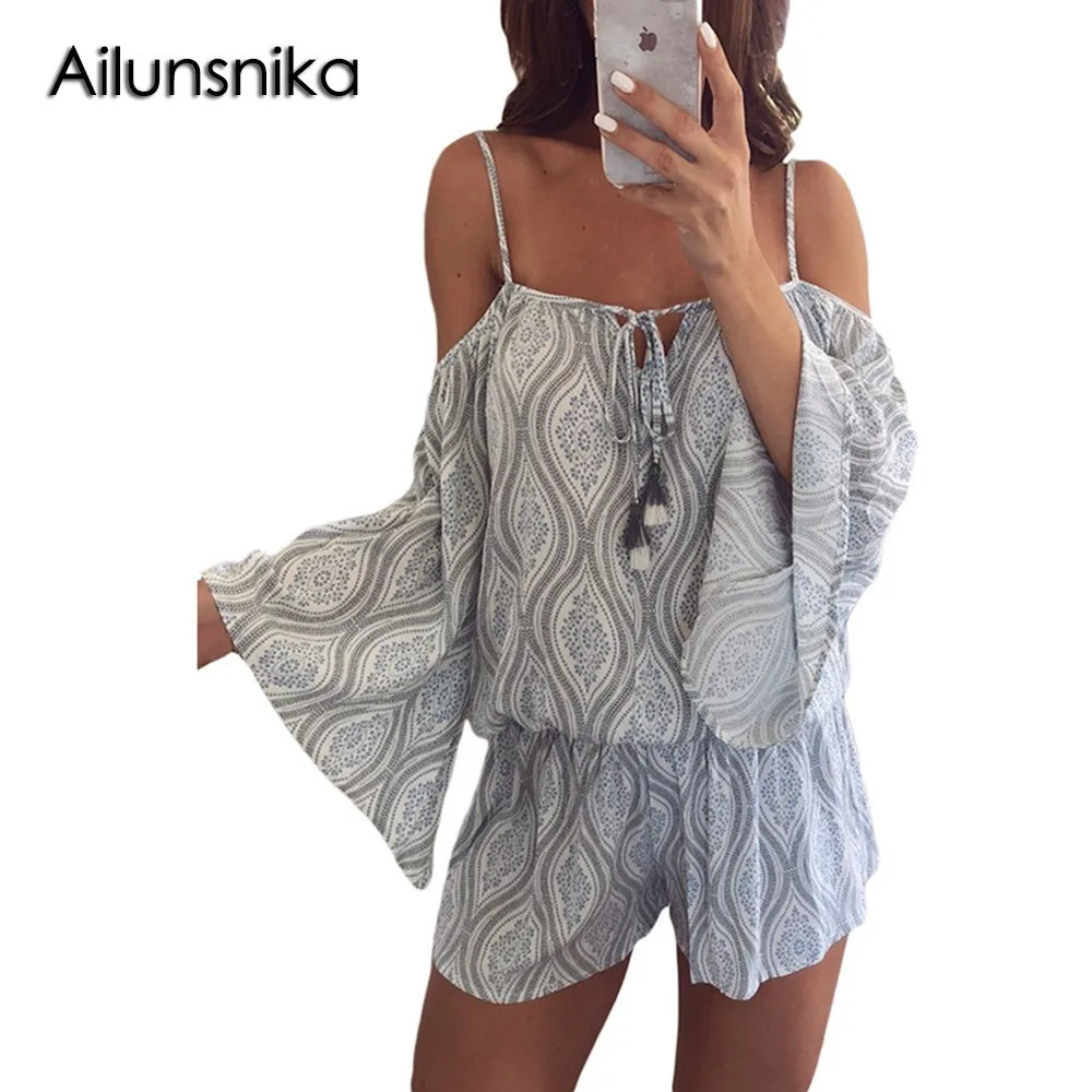 Ailunsnika Для женщин Комбинезоны Сексуальная Boho Племенной печати открытыми плечами