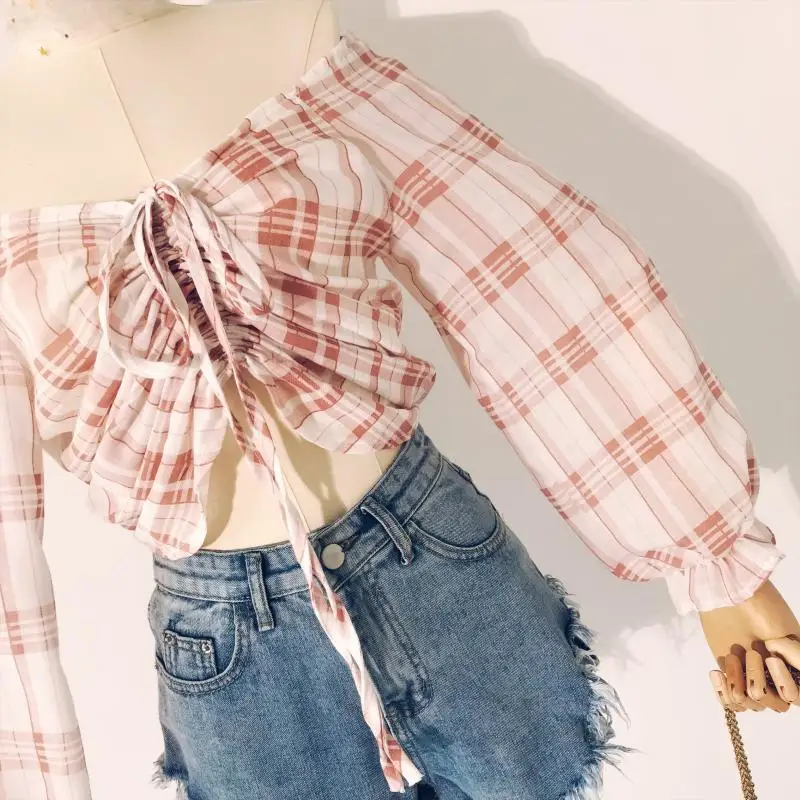 Пикантные с плеча плед Шифоновая блузка Для женщин на шнуровке короткая туника