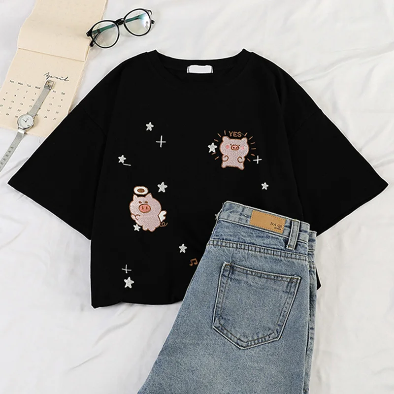 Женские футболки в Корейском стиле с коротким рукавом милая Футболка Harajuku