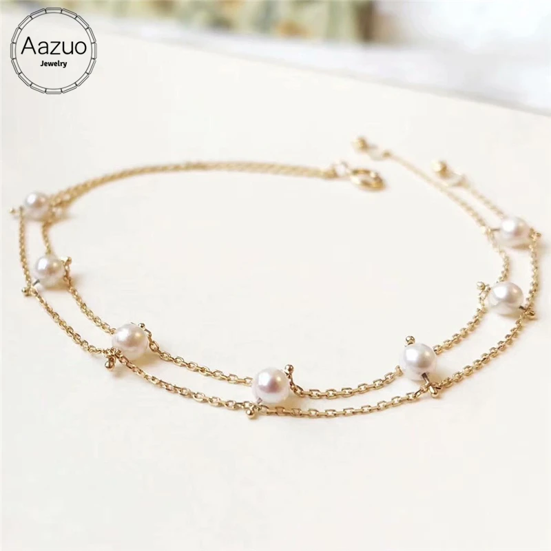 

Aazuo Natural Akoya Pears 3-3.5mm Real 18K Yellow Gold lucky charm Bracelet Banglesgifted for Women Au750