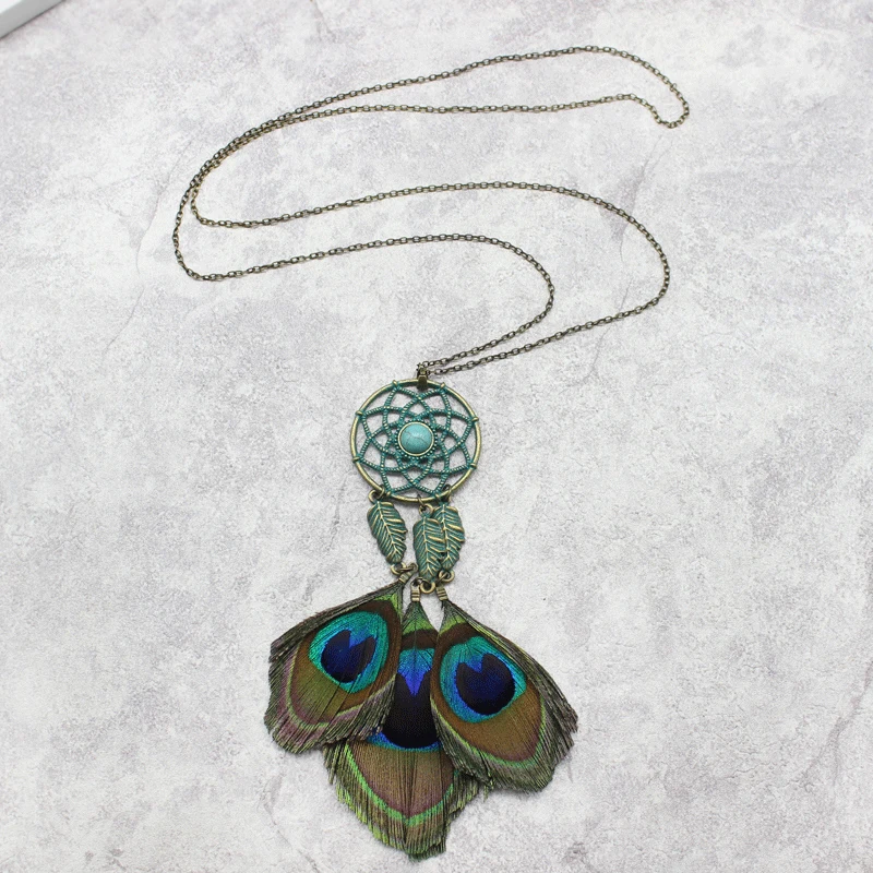 Длинная цепочка для свитера Ловец снов полые павлиньи перья креативное ожерелье