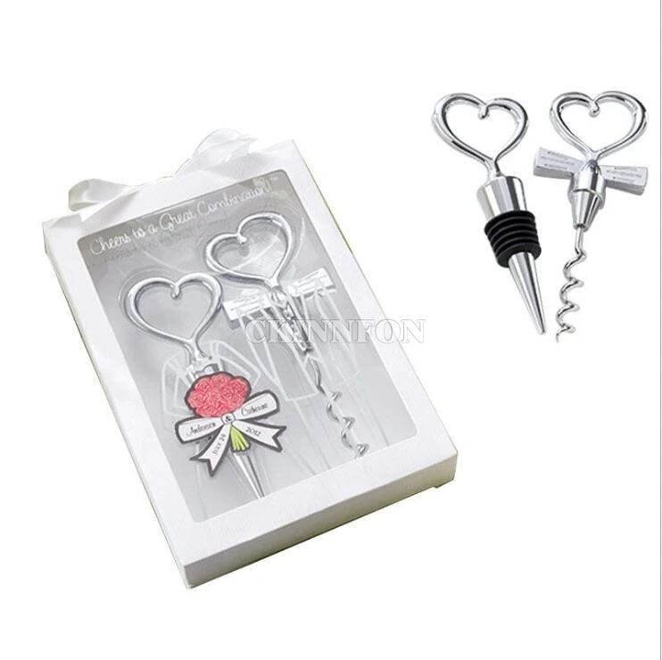 

200Pcs/Lot(100sets)/lot Heart Shape Combination Couple Wine Bottle Opener Corkscrew And Stopper Set Wedding Souvenirs For Guest