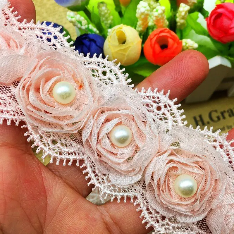 Pink 20x жемчужные 3D шифоновые розы цветы кружевная отделка Лента ткань ручной работы вышитая аппликация свадебное платье Шитье Ремесло Декор - Цвет: Pink