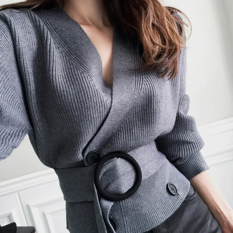 

2020 Sexy V-neck Full Sleeve Short Knitted Open Stitch Double Breasted Women Sweater Cardigans Elegant Female Sashes Jumpers